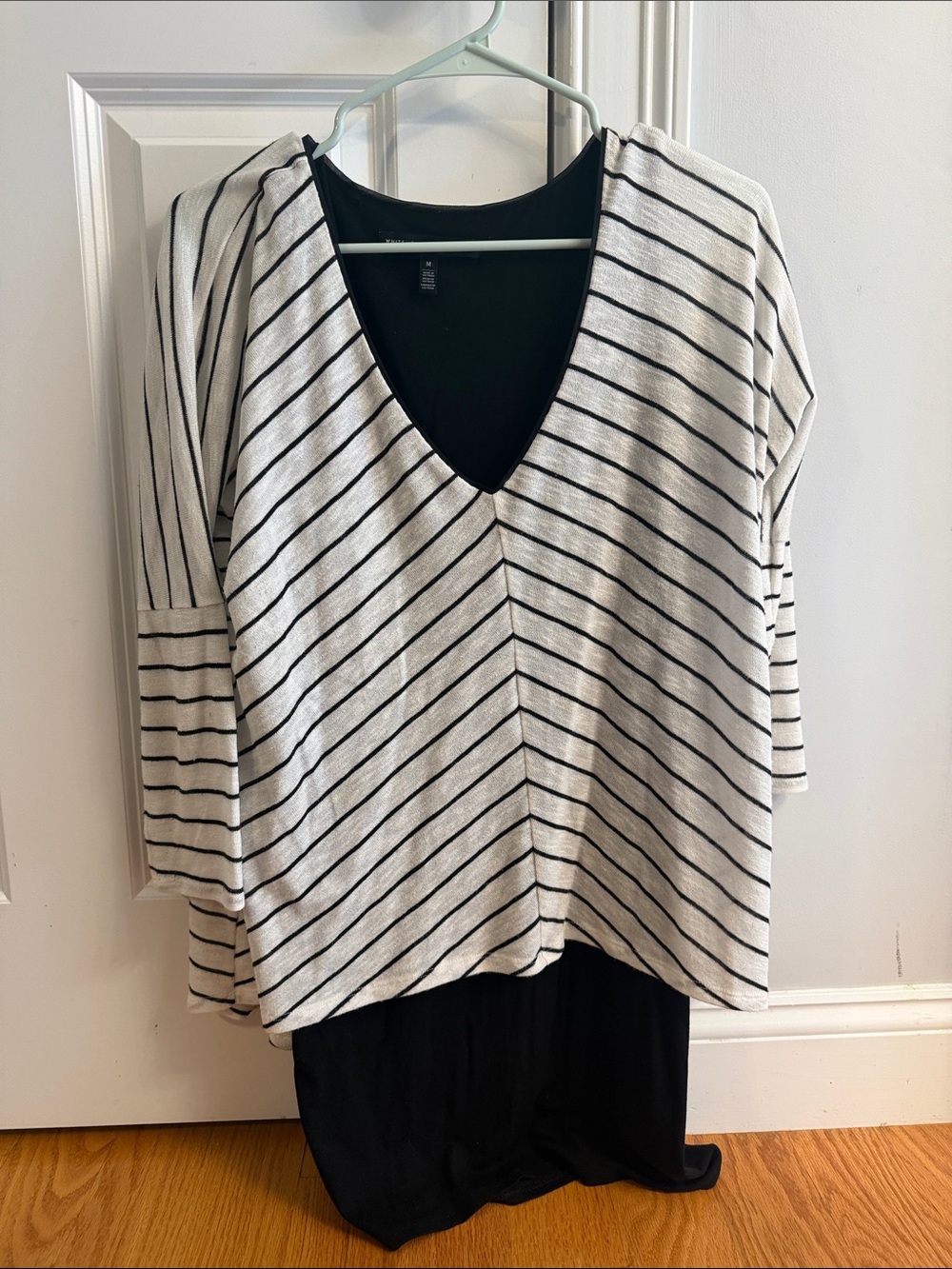 White House Black Market Black and White Striped V-Neck Tunic